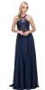 Lace Accent Sheer Mesh Top Chiffon Long Prom Dress in Navy